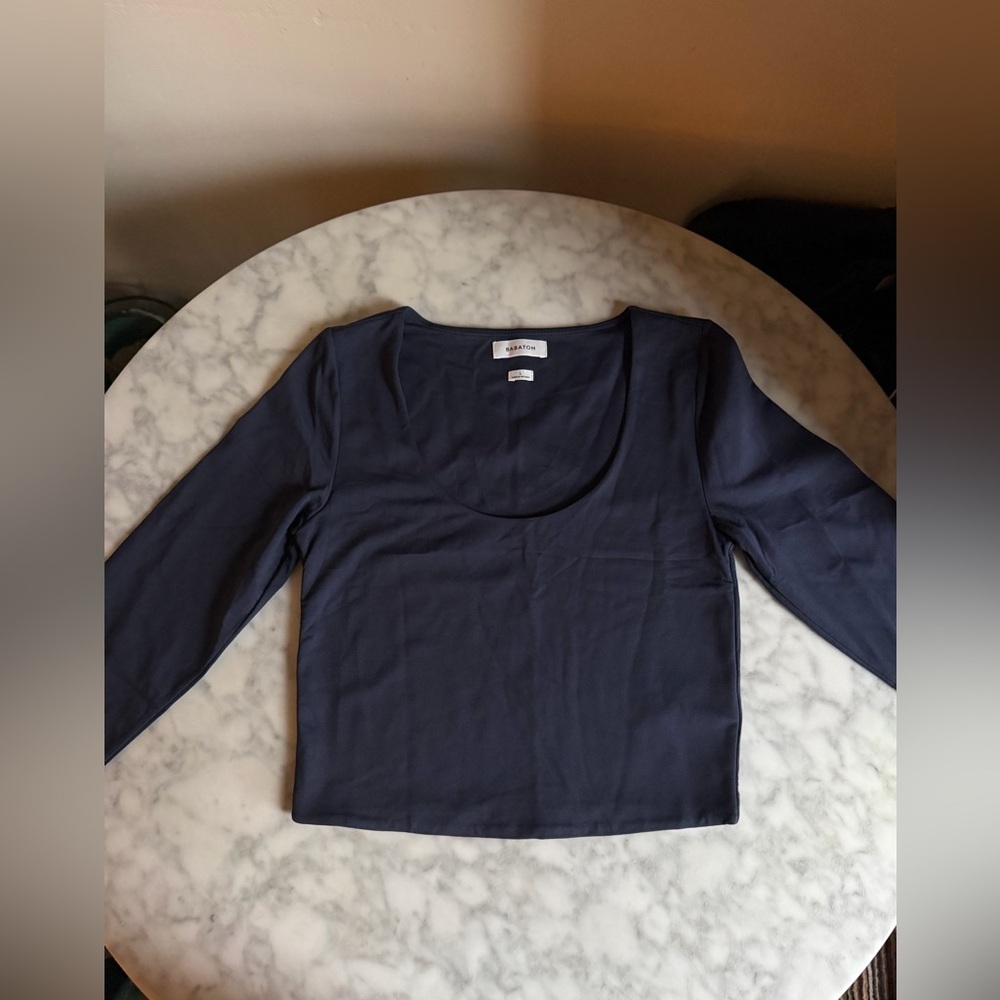 Babaton Aritzia Cropped Long Sleeve Navy Blue Tee Stretchy Athleisure Basic